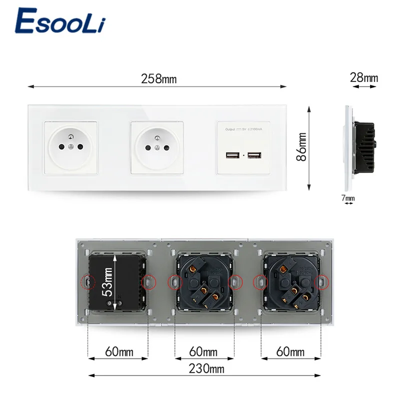 Французская стандартная настенная электрическая розетка Esooli с двумя USB портами