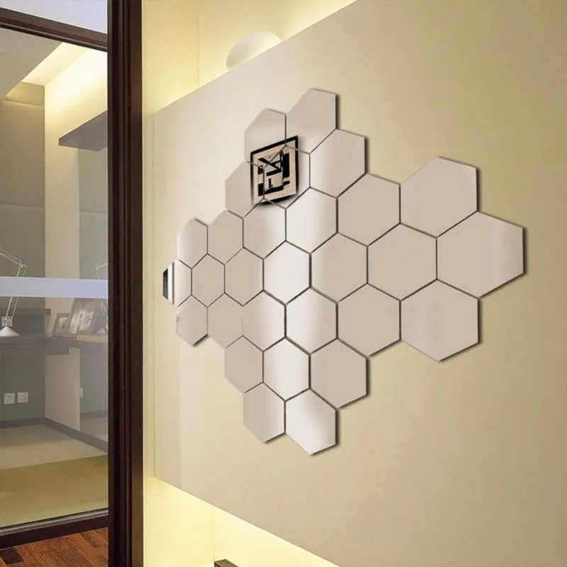 

Mirror Wall Sticker 3D Acrylic DIY Self Adhesive Sticker Home Decoration Silver Sticker Hexagonal Geometry