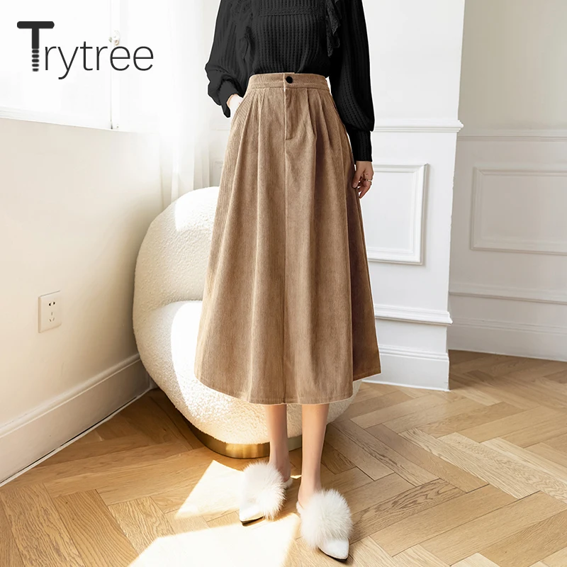 

Trytree 2021 FW Women Skirt Casual Pleuche Fashion Elastic Waist Button Fly Solid Vintage Long Skirts Office Staf Corduroy Skirt