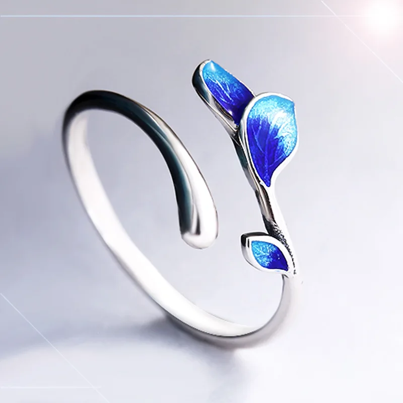 

VENTFILLE 925 Sterling Silver Simple Design Enamel Branch Blue Epoxy Ring Adjustable Girl Women Student Fashion Jewelry Gift