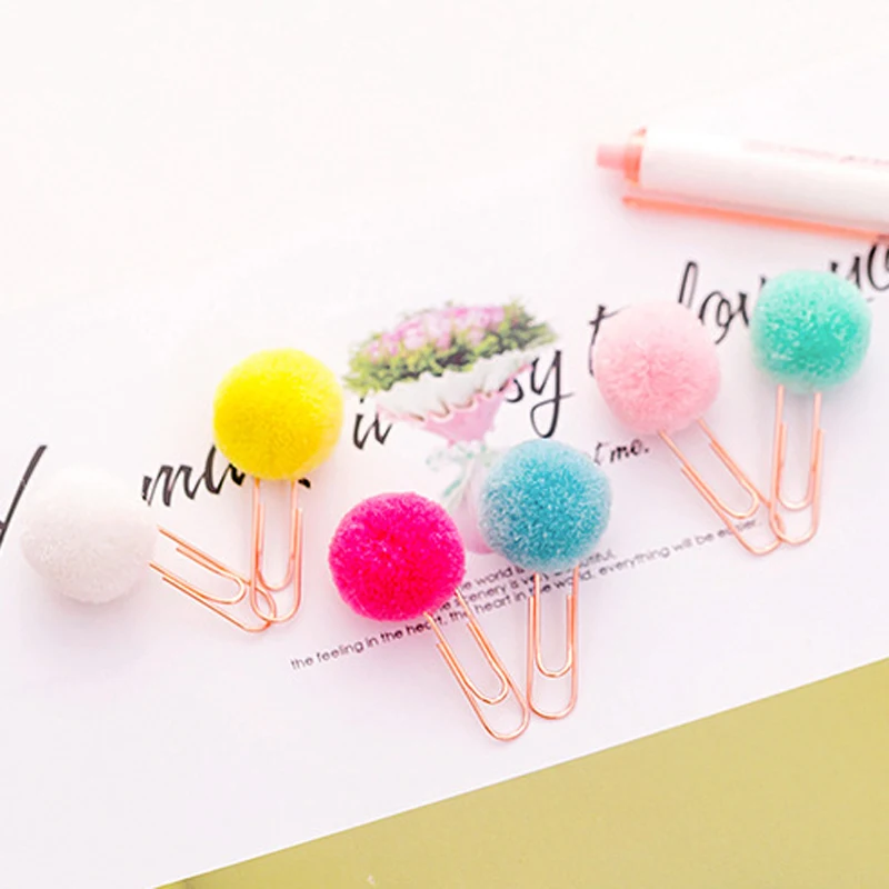 6pcs/set Kawaii Hairball Rose Gold Cilp Candy Color Modelling Cute Paper Clip Decoration Office Supplies Stationery DIY Set | Канцтовары