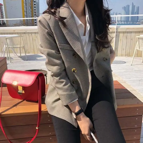 Классический двубортный женский пиджак в клетку блейзер с зубчатым воротником