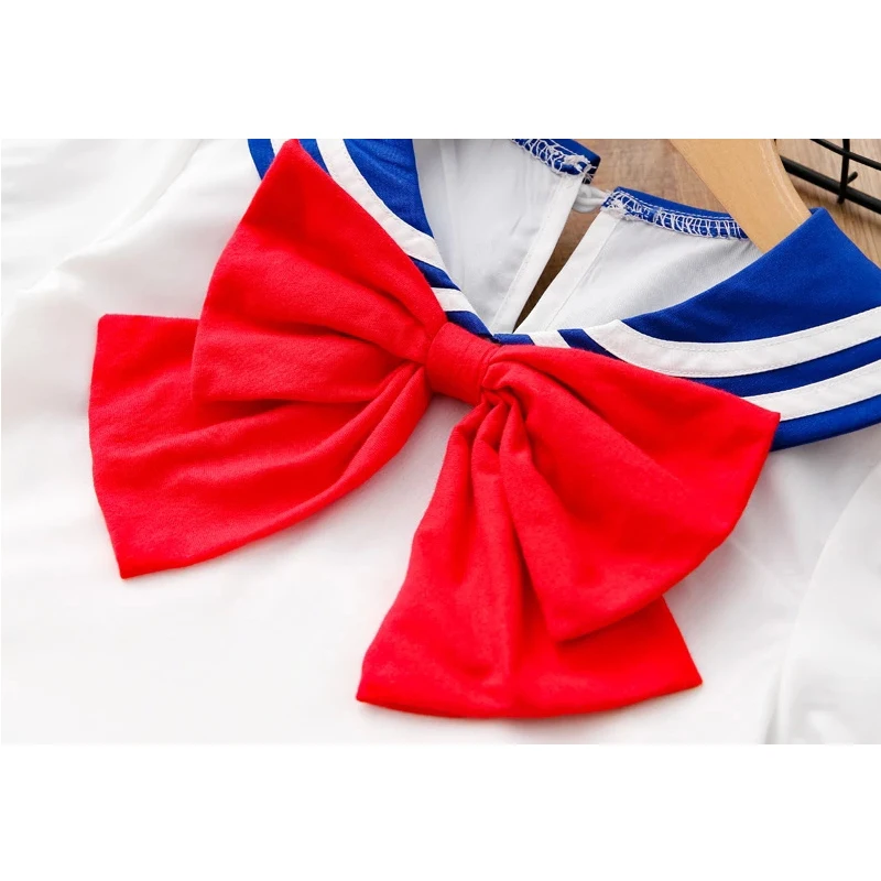 Children's Suit For Girls Summer Short Sleeve Bow Top + Pleated Skirt Sailor Moon Cosplay Sets Casual Outfit Baby Kids Clothing