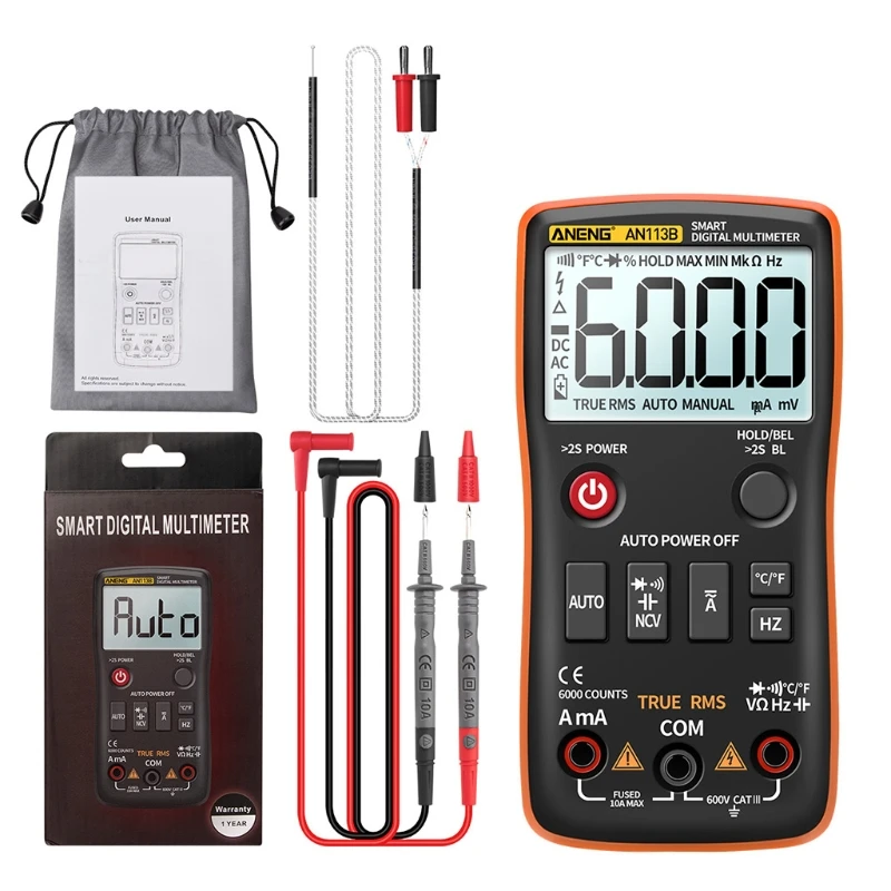 

AN113B Digital Multimeter 6000 Counts Electrical Transistor Tester Temperature Auto Ranging AC/DC Voltage Meter