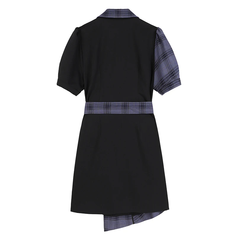 

[EAM] Women Plaid Irregular Contrast Color Sashes Blazer Dress Lapel Puff Short Sleeve Fit Fashion Spring Summer 2021 1DD7996