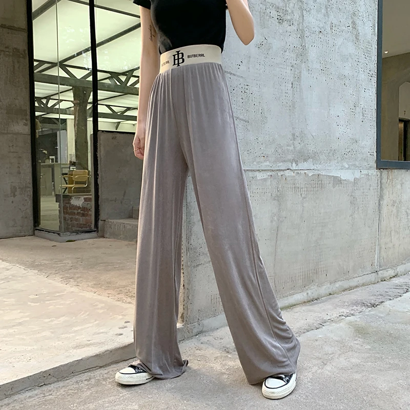 

Spring, Summer, Autumn plus Size Ice Silk Letter Waist Baggy Straight Trousers Drape Wide-Leg Draggle-Tail Trousers Women