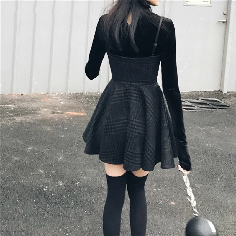 

2021 Women Plaid Pleated Mini Dress Gothic Harajuku Sexy Sling Strap Backless Rock Punk Goth Girls Female Short