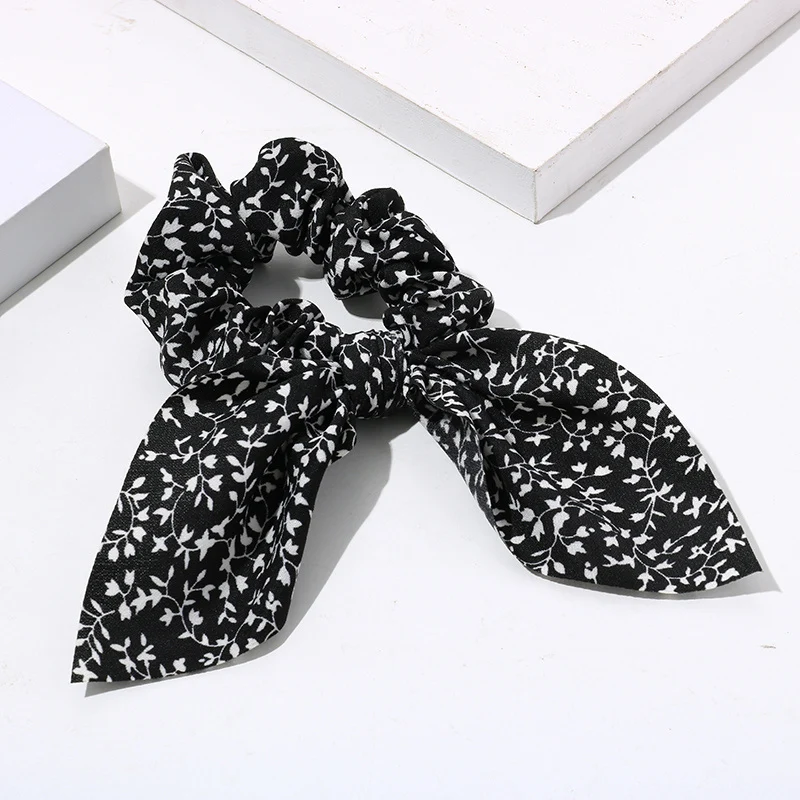 

Fashion Floral Print Scrunchies Solid Hair Ribbon For Women Ponytail Scarf Sweet Elastic Hair Band Hair Accessories Headwear