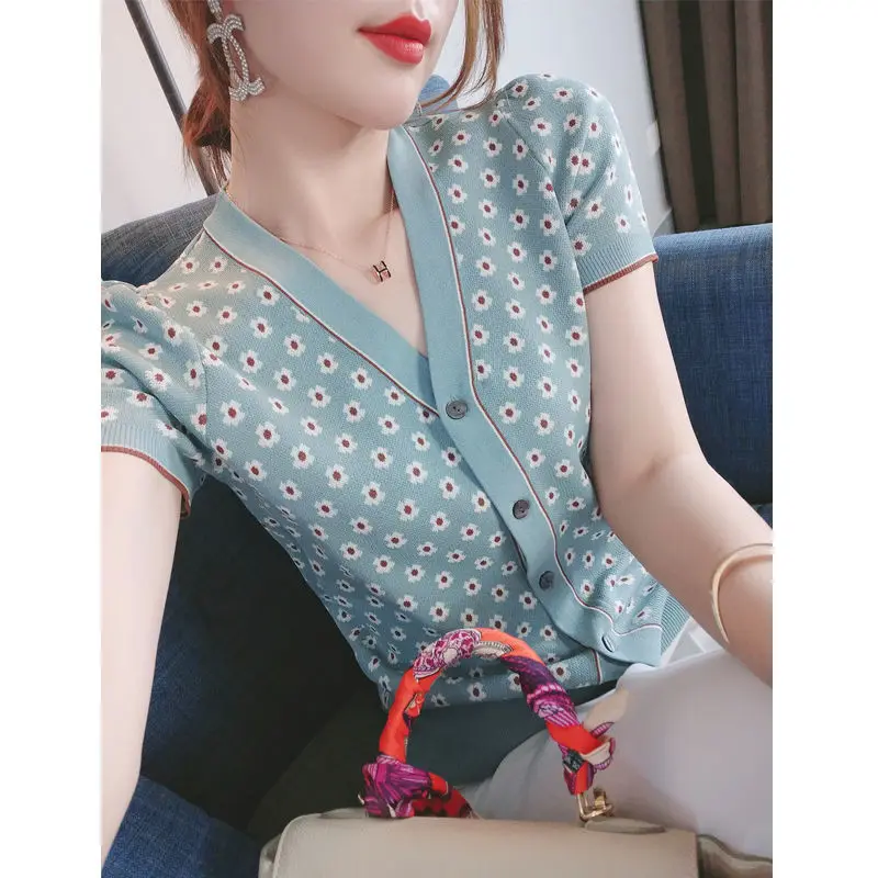 

French cardigan floral print t-shirt 2021 summer knit Cardigan short-sleeved top