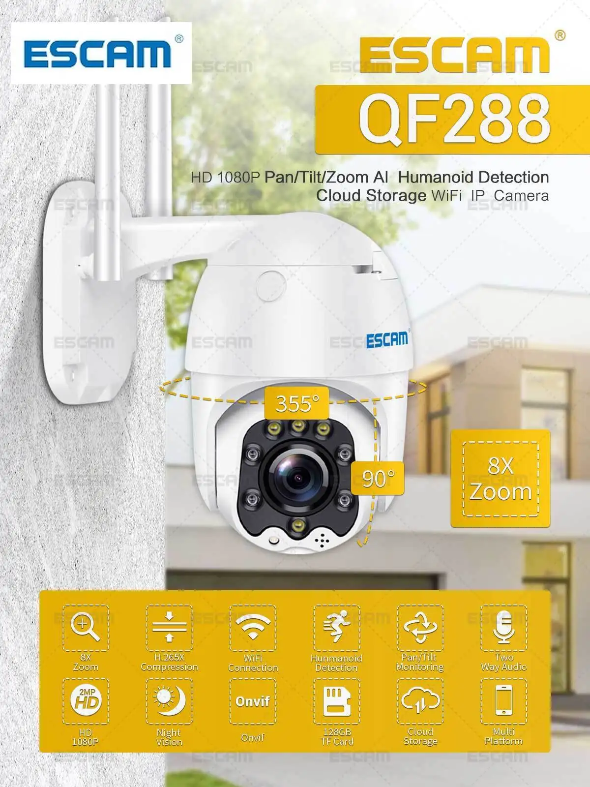 

ESCAM QF288 1080P Pan/Tilt/8X Zoom AI Humanoid detection Cloud Storage Waterproof WiFi IP Camera with Two Way Audio