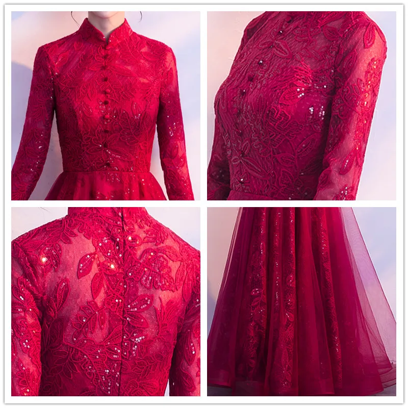 

Formal Evening Gowns Burgundy Tulle Robe De Soiree K329 High Collar Long Sleeve Women Party Dresses A-Line Long Elegant Vestidos