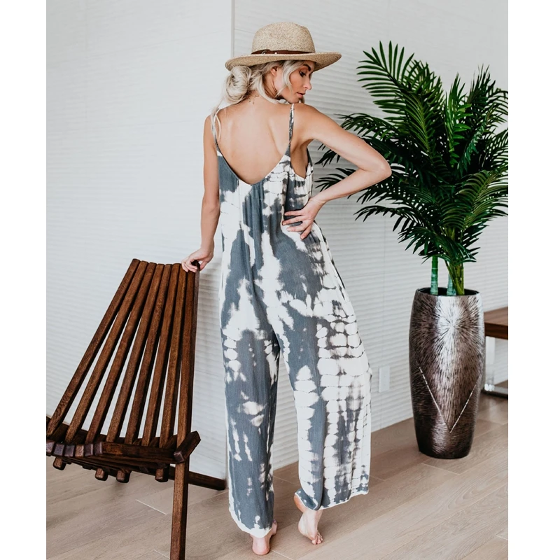 

WEPBEL Spaghetti Strap Jumpsuits Women's Casual Tie-Dye Print Loose Jumpsuits Summer V-neck Backless Wide Leg Jumpsuits