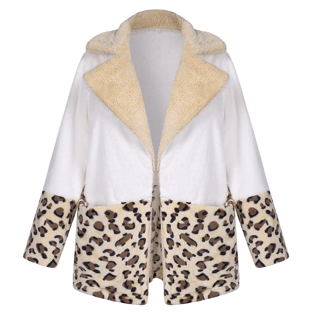 

Fashion Warm Lapel Leopard Patchwork Plush Coats Women Autumn Winter Fluffy Plush Faux Fur Loose Cardigan Jackets Women Overcoat