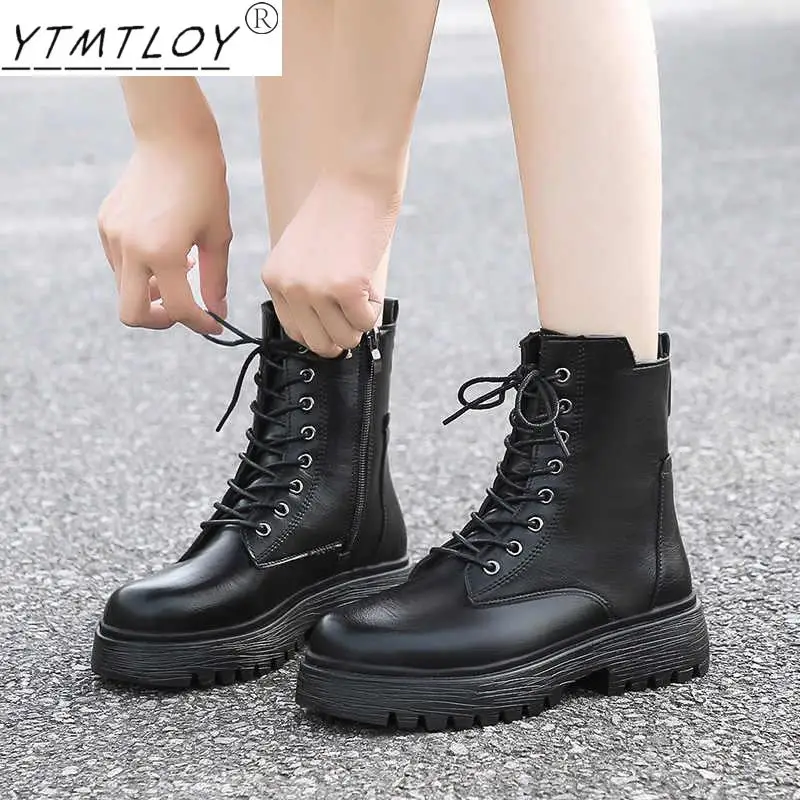 

Fashion Autumn Motorcycle Non-slip Waterproof Women's Thick Bottom Botas De Mujer Ytmtloy Women's Ankle Boots Black Leather 2021