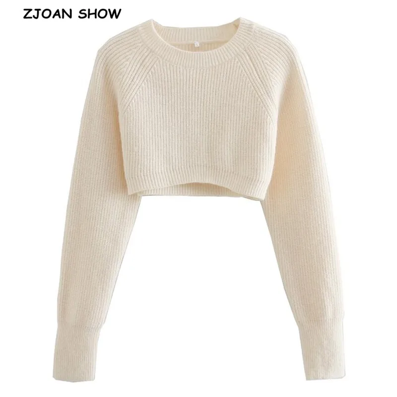 

2021 Women Round Collar Ribbed Cropped Knitting Sweater Vintage High Waist Navel Pullover Knitwear Long sleeve Jumper Tops 3 CLR