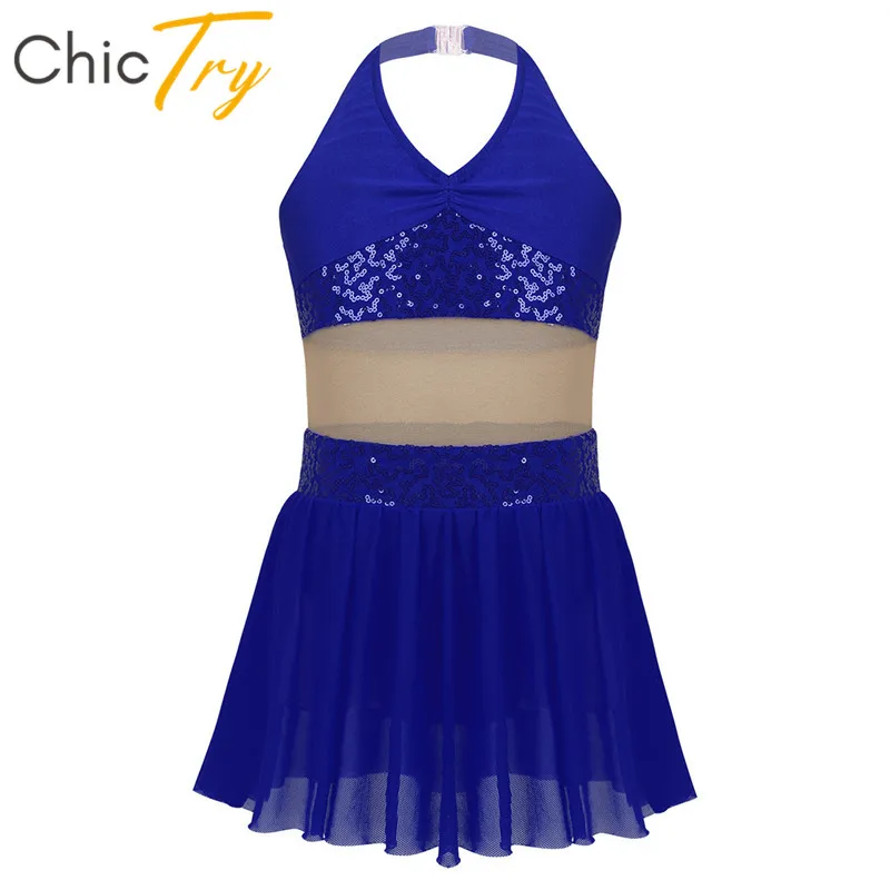 ChicTry Girls Halter Sequin Mesh Stretchy Figure Skating Dress Gymnastics Ballet Leotard Kids Performance Lyrical Dance Costumes