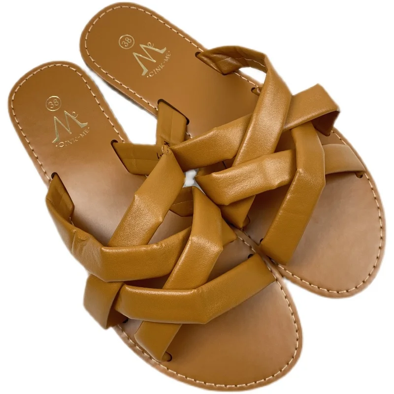 

Shoes Woman 2021 Low Big Size Slippers Flat Lady Pantofle Cross-Tied Girl Soft New Slides Fretwork Basic Casual Rubber PU
