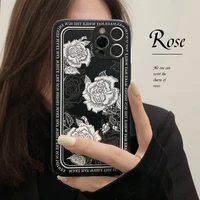 retro rose line art leather shockproof phone case for iphone 13 12 11 pro max xs max xr 7 8 plus lens protection case cute cover