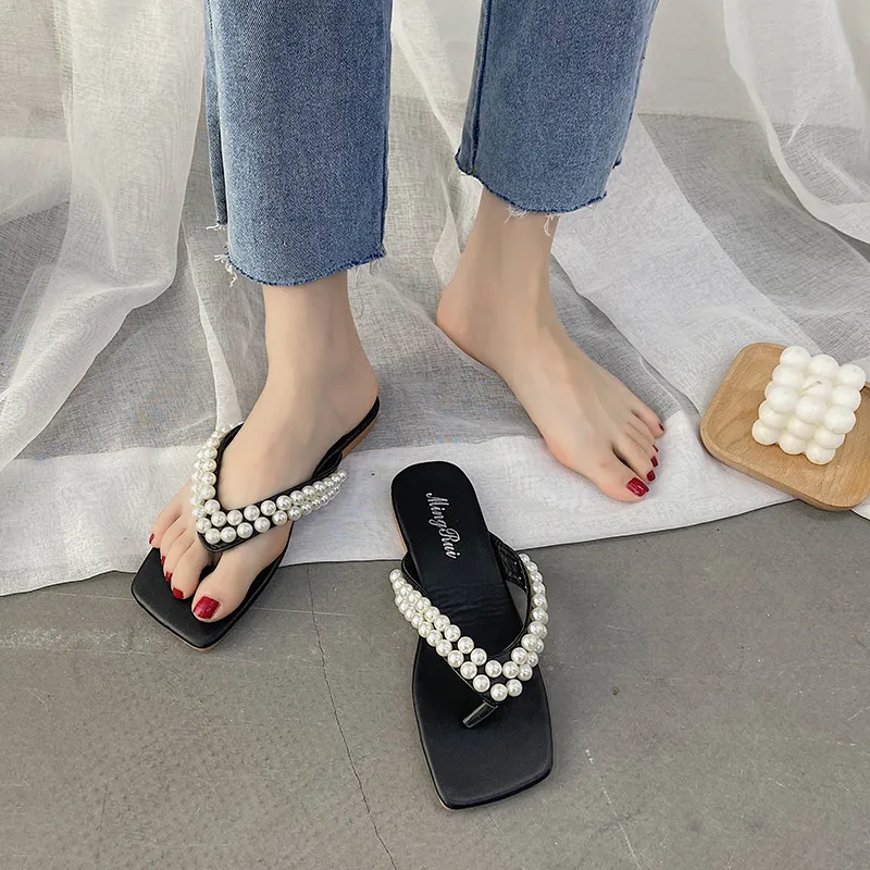 

Female Shoes Womens Slippers Outdoor Luxury Slides String Bead Rubber Flip Flops 2021 Designer Flat Hawaiian PU Basic Fashion