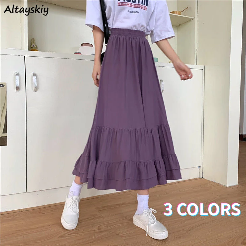 

Women Skirts Summer Casual Solid Elastic Waist All-match Elegant Mid-calf Simple Ruffles Tender Sweet Cute Preppy Style Empire