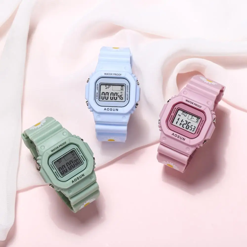 Студенческие светодиодные спортивные цифровые часы для девочек в цветочек с