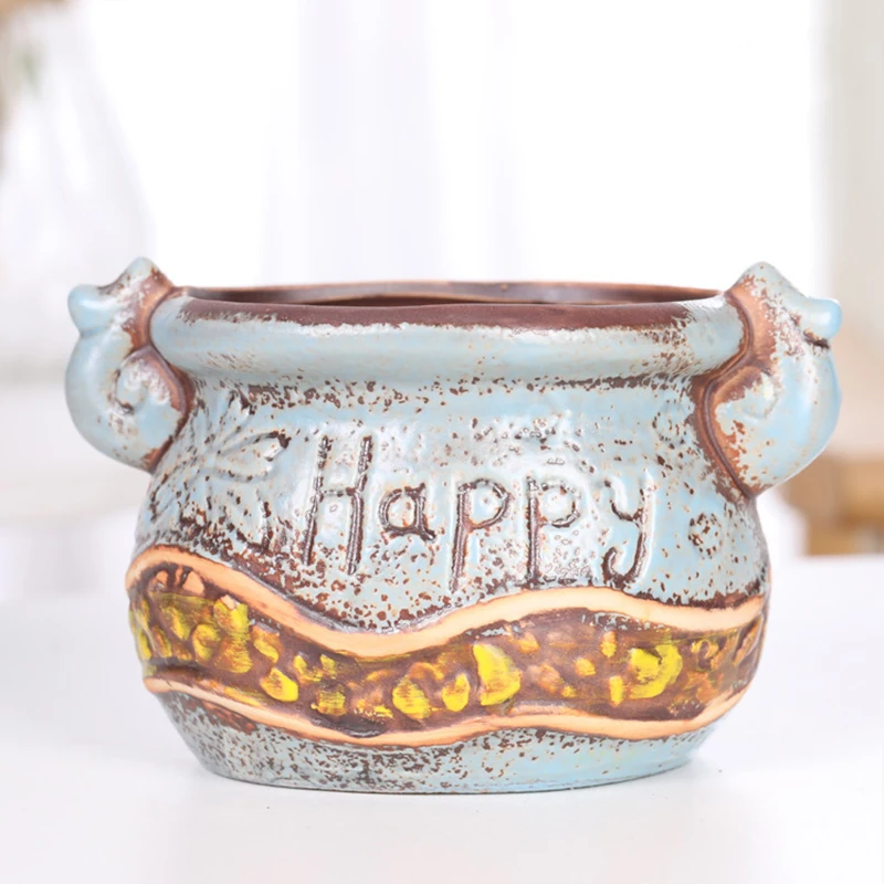 

Creative Maya Pattern Ceramic Succulent Flower Pot Fresh Handmade Embossed Green Plant Pot Balcony Potted Plant Home Garden