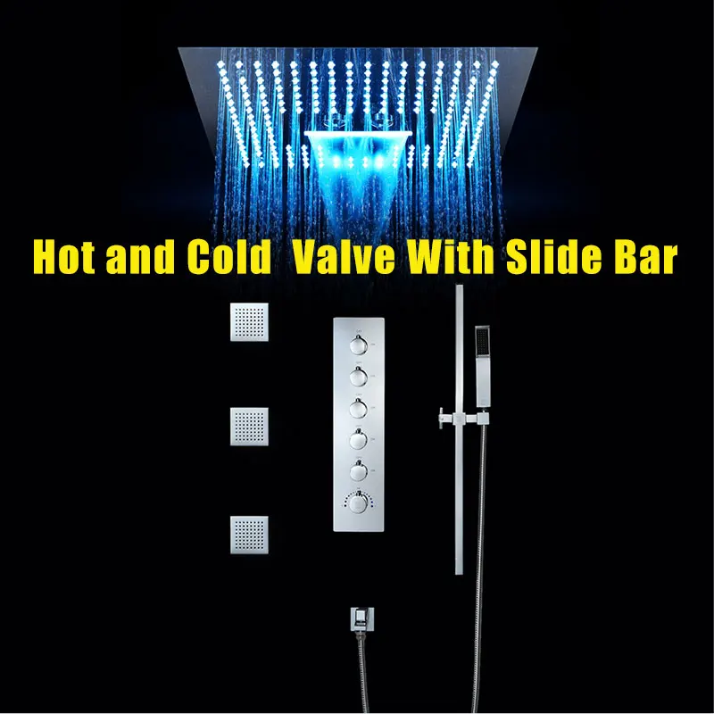 Hot and Cold Valve Роскошный душевой кран для ванной комнаты, 16 дюймов, светодиодный светильник, встроенный потолочный термостатический клапан, водопад, душевая головка, Misty - Цвет: Hot and Cold Valve
