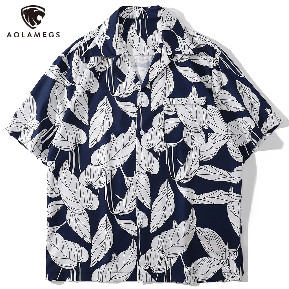 Aolamegs Shirt Men Esthetics Leaves Print Casual Short Sleeve Hip Hop Tops Harajuku High Street Beach Hawaiian Summer Streetwear aolamegs men s t shirt patchwork color high street style cozy harajuku hip hop print oversize o neck fashion streetwear summer