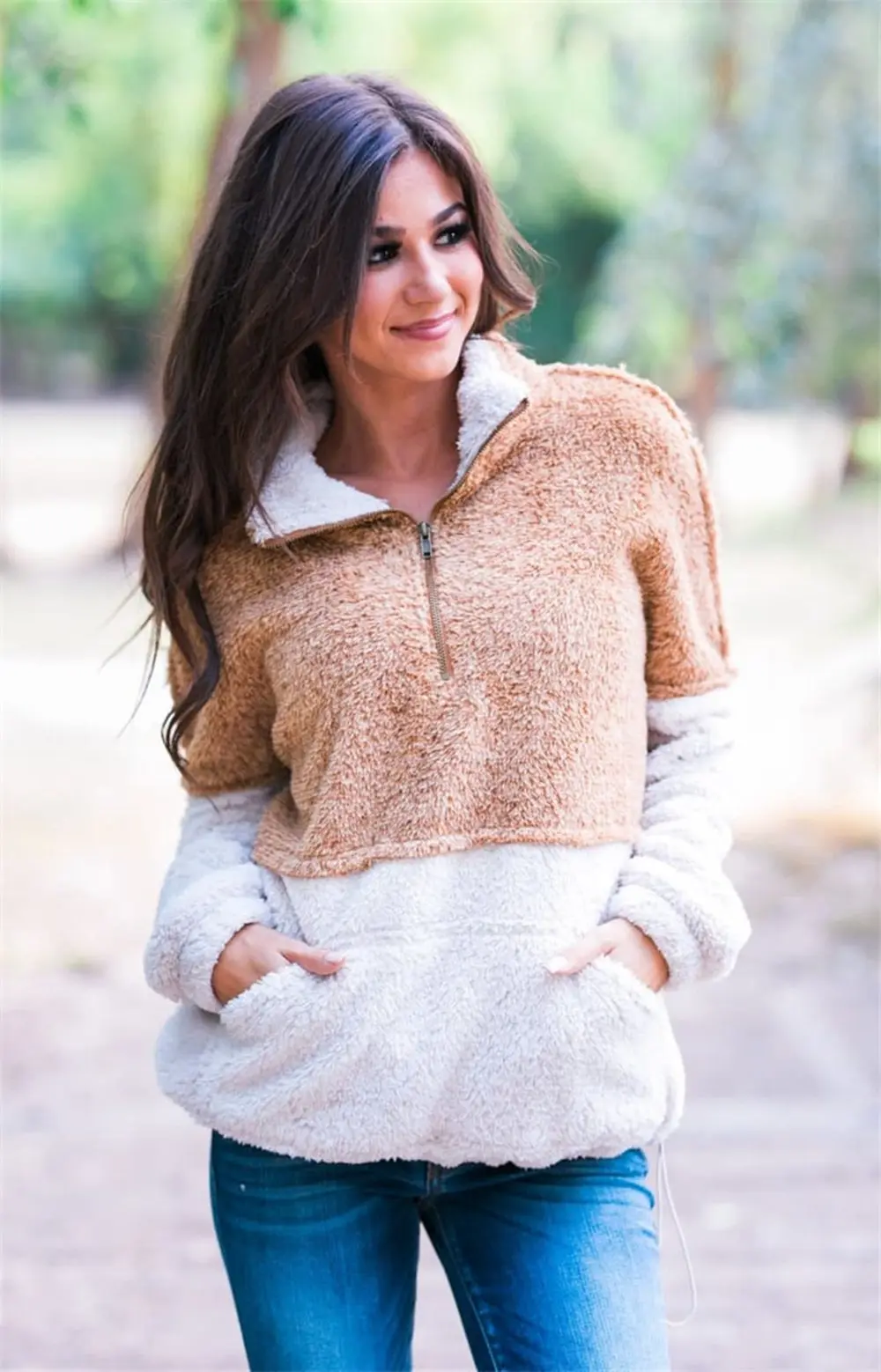 2019 Casual Streetwear Women Pullover Sweatshirt Front Zipper Autumn Warm Patchwork Coat Female Stitching Fur Pocket Hoodies | Женская