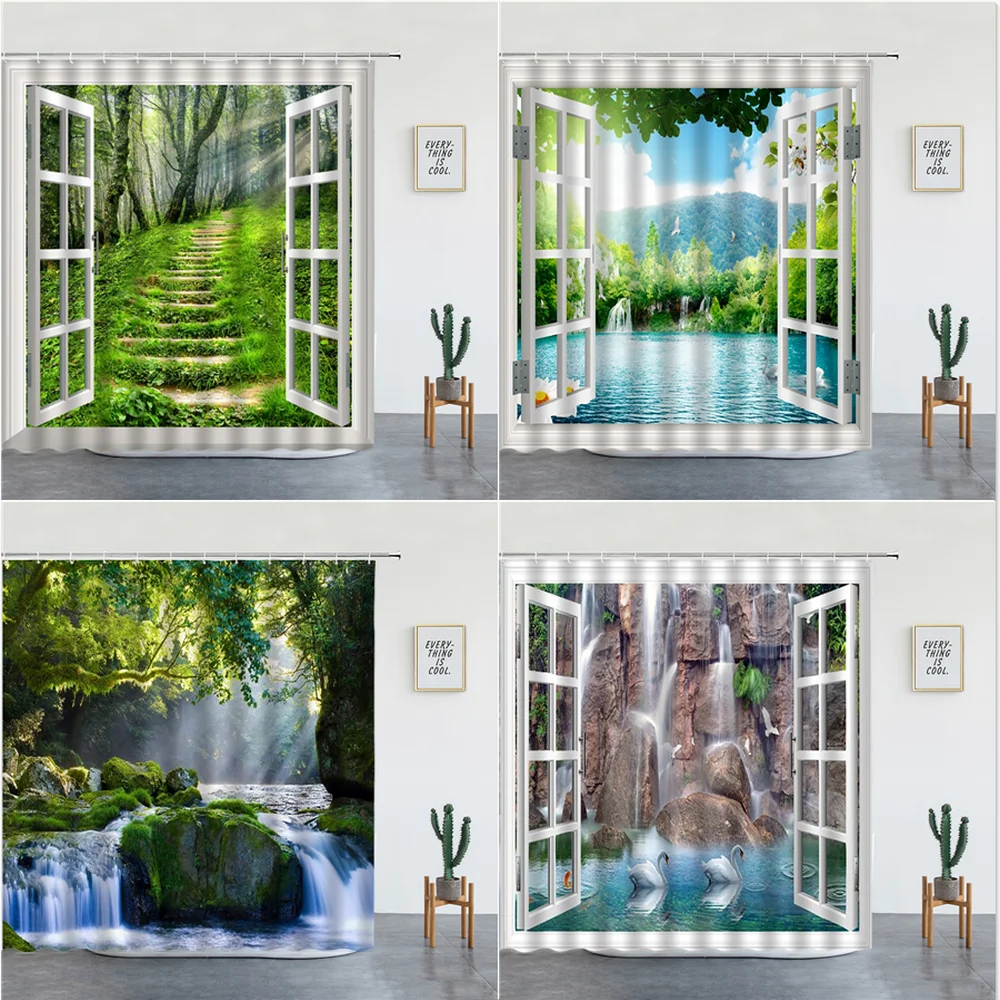 

Forest Waterfall Scenery Shower Curtains Green Tree Natural Landscape Bathtub Screen For Bathroom Background Wall Hanging Decor