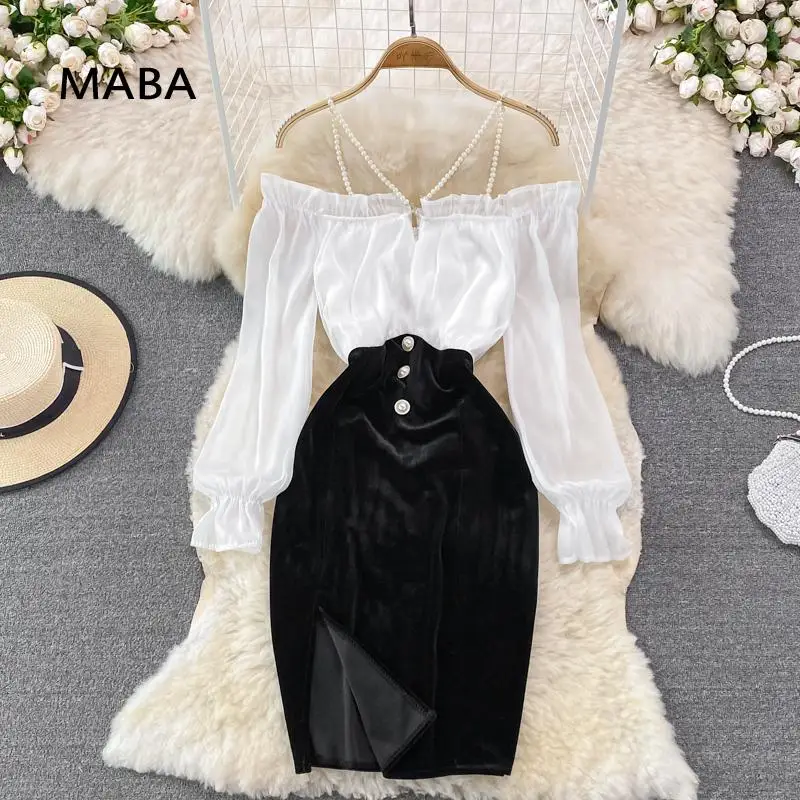 

Модное дизайнерское бархатное мини-платье для женщин, демисезонное платье с воротником-лодочкой, длинным рукавом, открытыми плечами, высок...