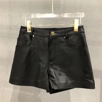 black genuine sheep leather shorts women high waist all match wide leg real leather shorts brand new