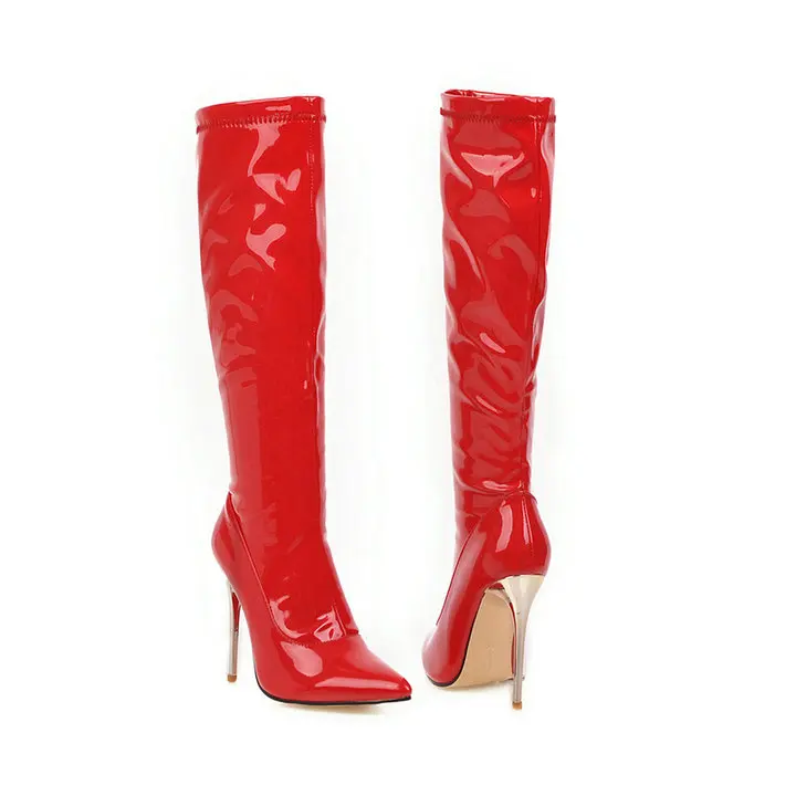 Black Red White Patent Leather Sexy Knee High Boots Super Heel Women's Tall Boots Pointy Toe Winter Dress Boots Side Zipper