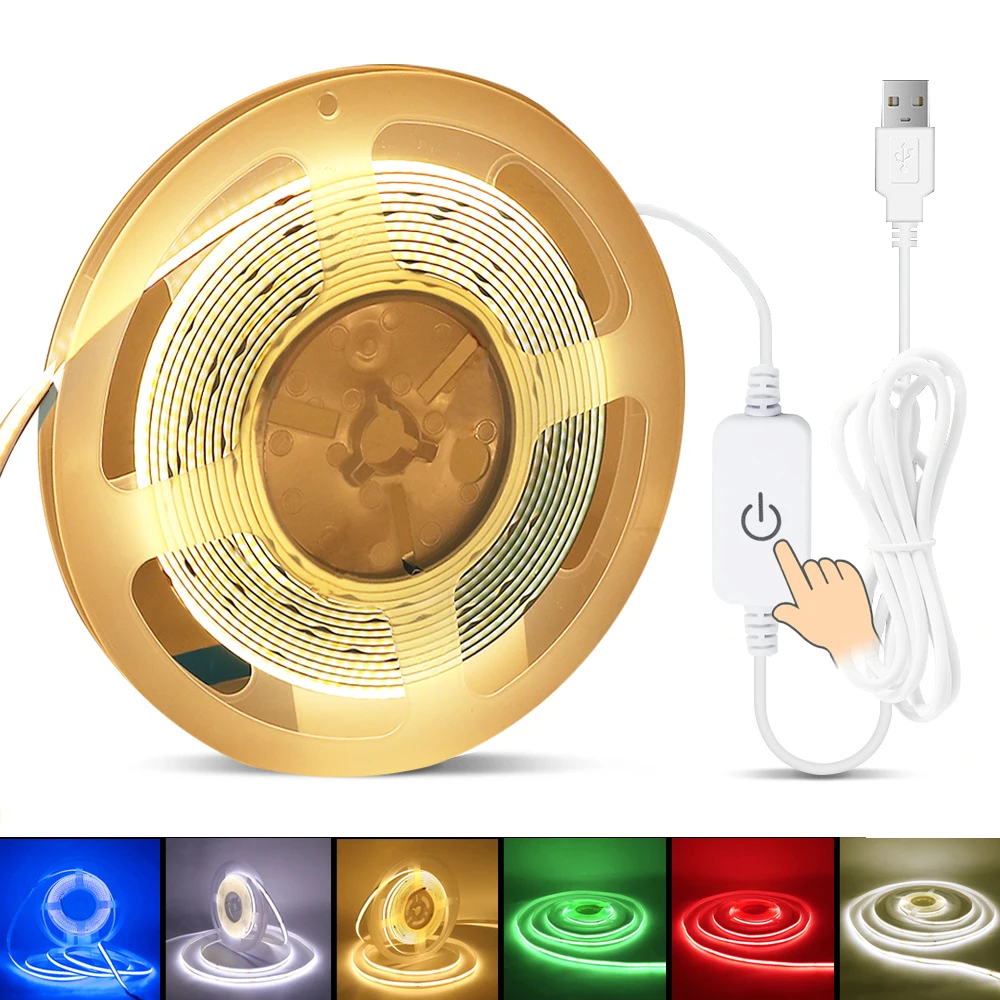 5V USB COB LED Strip Light Dimmable Touch Switch 320LED/m High Density Linear Lighting DC5V Power Flexible Tape Decor | Лампы и