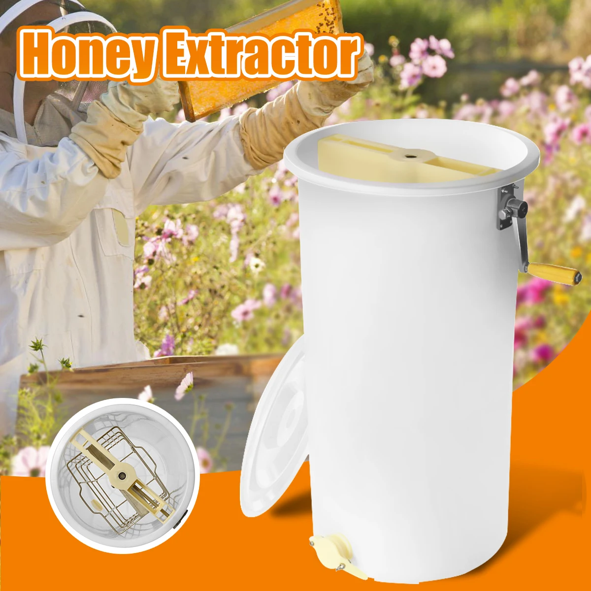Honey Extractor Two 2 Frame Tangential Manual Crank Spinner Beekeeping Food Grade Plastic Easy Pour Gate Easy to Clean 40x70cm