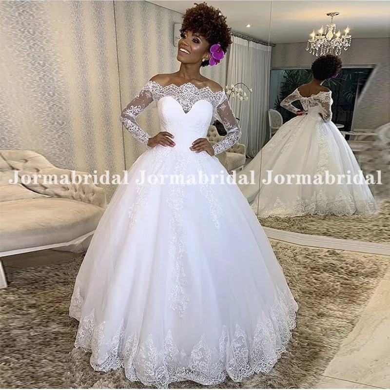 

White Lace Appliques Wedding Dresses Long Sleeves Puffy Ball Gown Off Shoulder Sheer Neck Bridal Dresses Vestido De Noiva