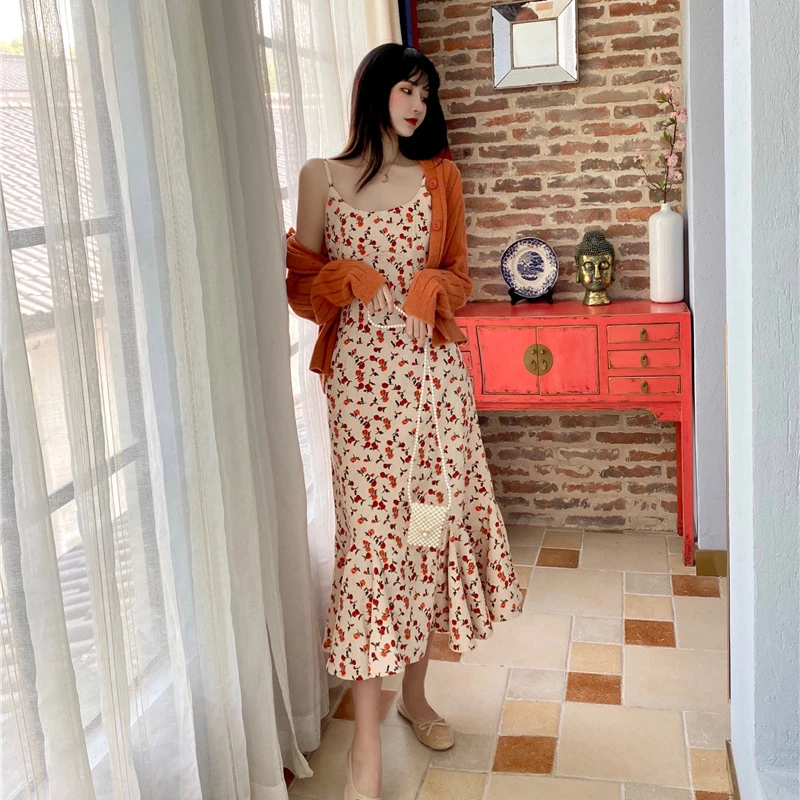 

Women Fall Two Piece Set French Style Slim Body Fairy Floral Strap Dress + Orange Knitted Cardigan Jacket Female Fashion Suits