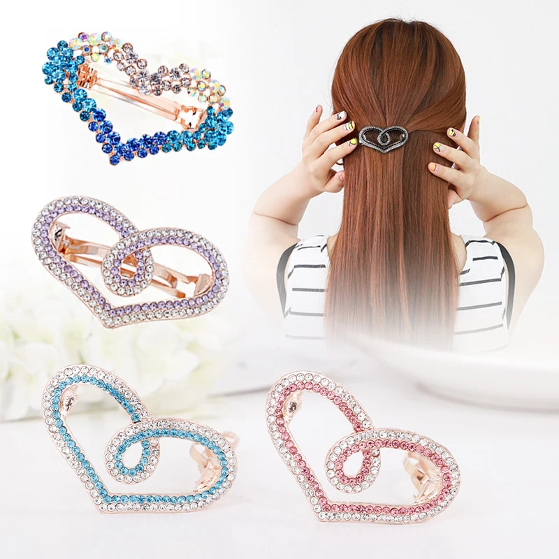 

Fashion Women Girls Ladies Rhinestone Crystal Heart Hairpin Barrettes Hollow Out Hair Clip Ornament