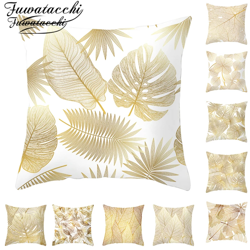 

Fuwatacchi Gold Leaves Cushion Cover Plant Throw Pillow Cover for Home Sofa Bed Luxury Polyseter Decorative PillowCase 45*45cm