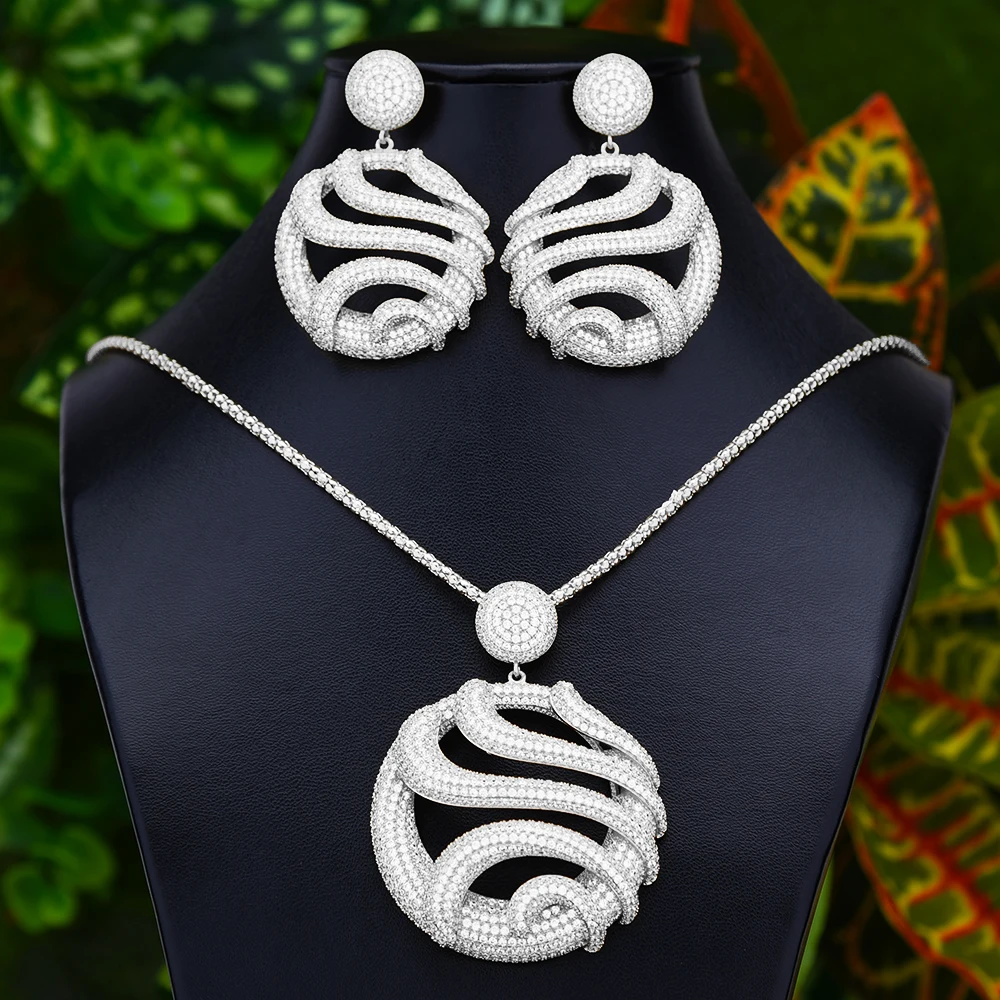 Silver GODKI, Модный комплект из 2 предметов, ожерелье, серьги, наборы для женщин, аксессуары, бразильский стиль, Brincos Bijoux, подарки, pendientes mujer moda - Metal color: Silver