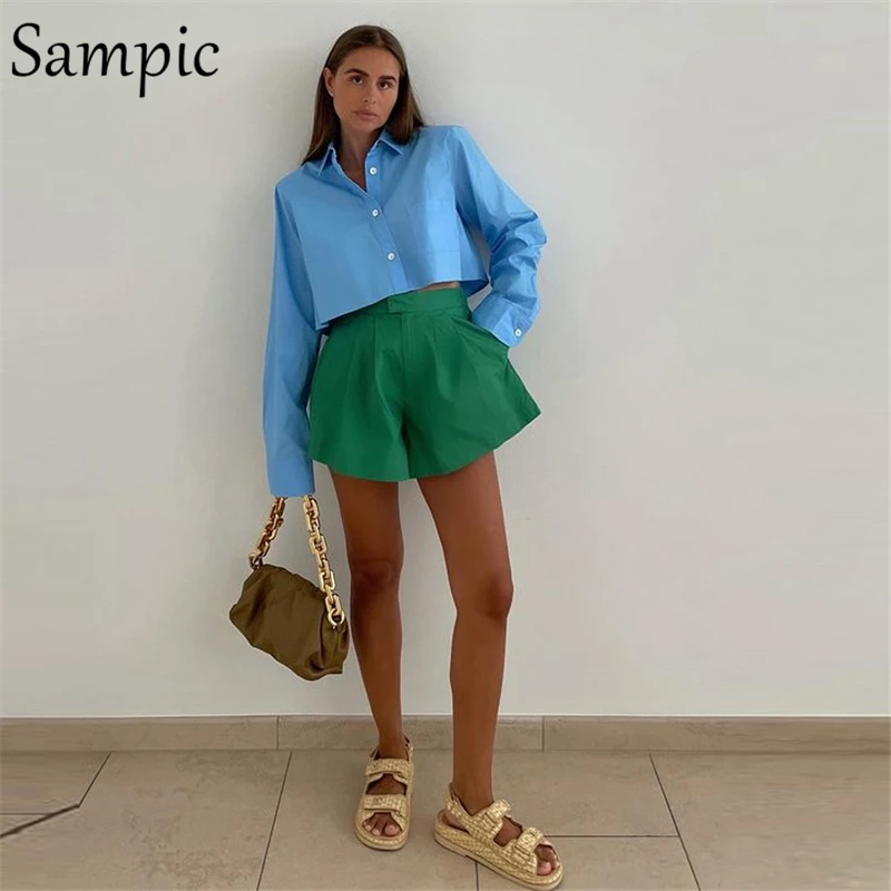 

Sampic Loungewear Women Print Tracksuit Shorts Set Summer Autumn 2021 Long Sleeve Shirt Tops And Mini Loose Shorts Two Piece Set