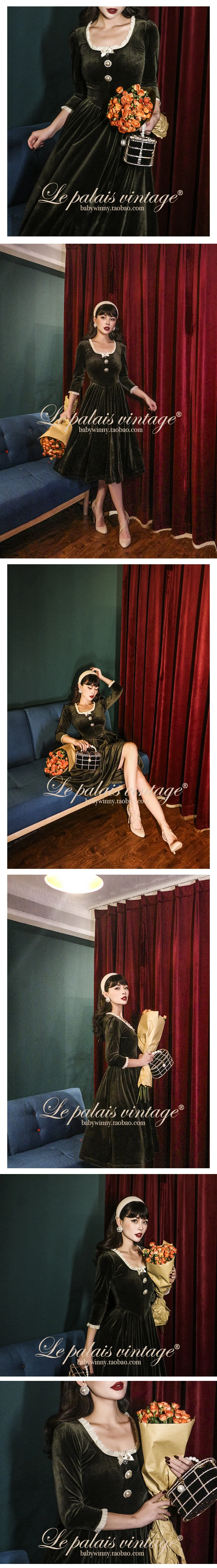 Le Palais Vintage Original Fall Winter Vintage Elegant Olive Green Lace Court Velvet Knee-Length Party Women Dress