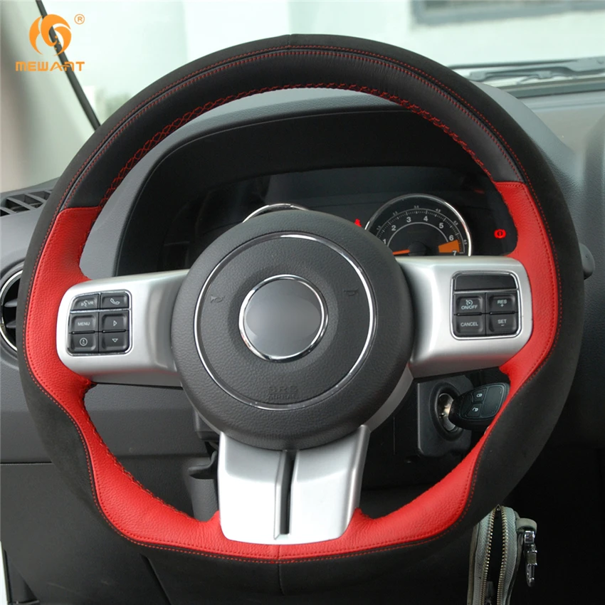 Чехол на руль MEWANT для Jeep Grand Cherokee 2011-2013 Compass Wrangler Patriot 2011-2016 кожаный черный красный |