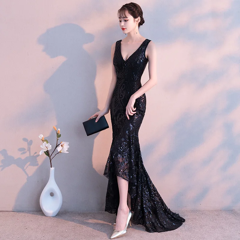 

Black V-Neck Sequin Party Dress Women Long Evening Cheongsam Flower Sleeveless Wedding Floor-Length Qipao Elegant Gown Vestido