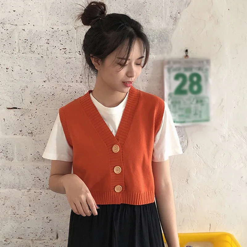 

Korean Sweater Vest Women Casual Solid Color Sleeveless Knitted Vest Autumn Female Single Breasted Tops