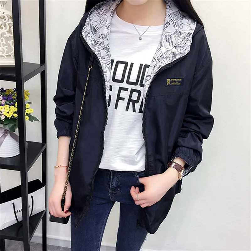 Student Jacket Women 2021 Spring Summer New Fashion Preppy Letter Print Double Face Can Wear Short Loose Thin Hooded Coats N827 | Женская