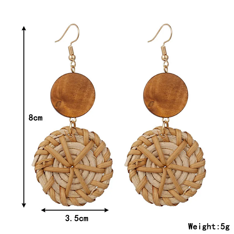 Классические модные круглые висячие серьги из ротанга с деревянным кристаллом