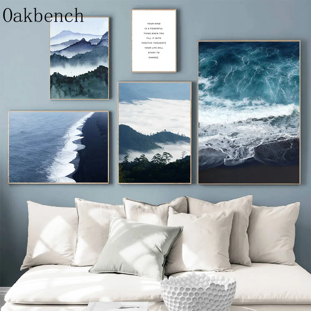 

Scandinavian Poster Mountain Foggy Forest Art Picture Blue Beach Canvas Painting Nature Scenery Wall Prints Living Room Decor