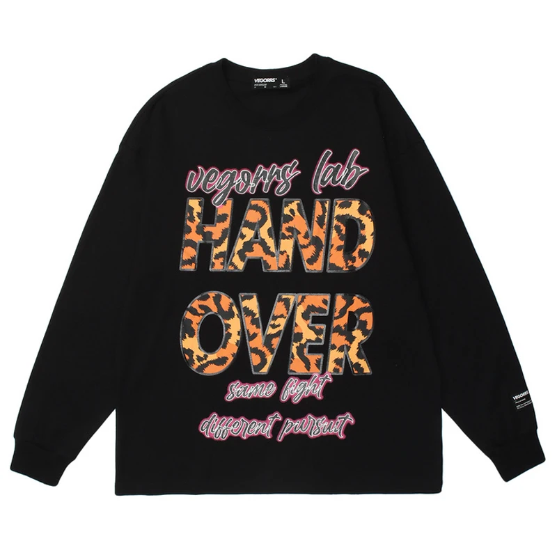 

Mens Leopard Letter Print T shirts Unisex Oversized 100%Cotton Hip Hop Loose Tops Male O-neck Long Sleeve T-shirt Couple Tees