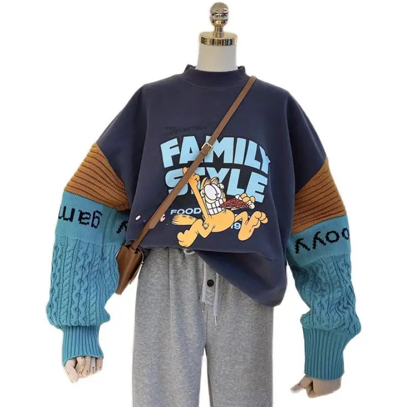 

Plush and thickened winter versatile cartoon pattern stitching wool sleeve warm long sleeve Pullover women's coat